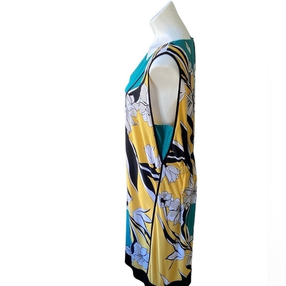 Tahari Sleeveless Teal Floral Art Deco Midi Dress Stretchy Retro Plus Size - Picture 4 of 10